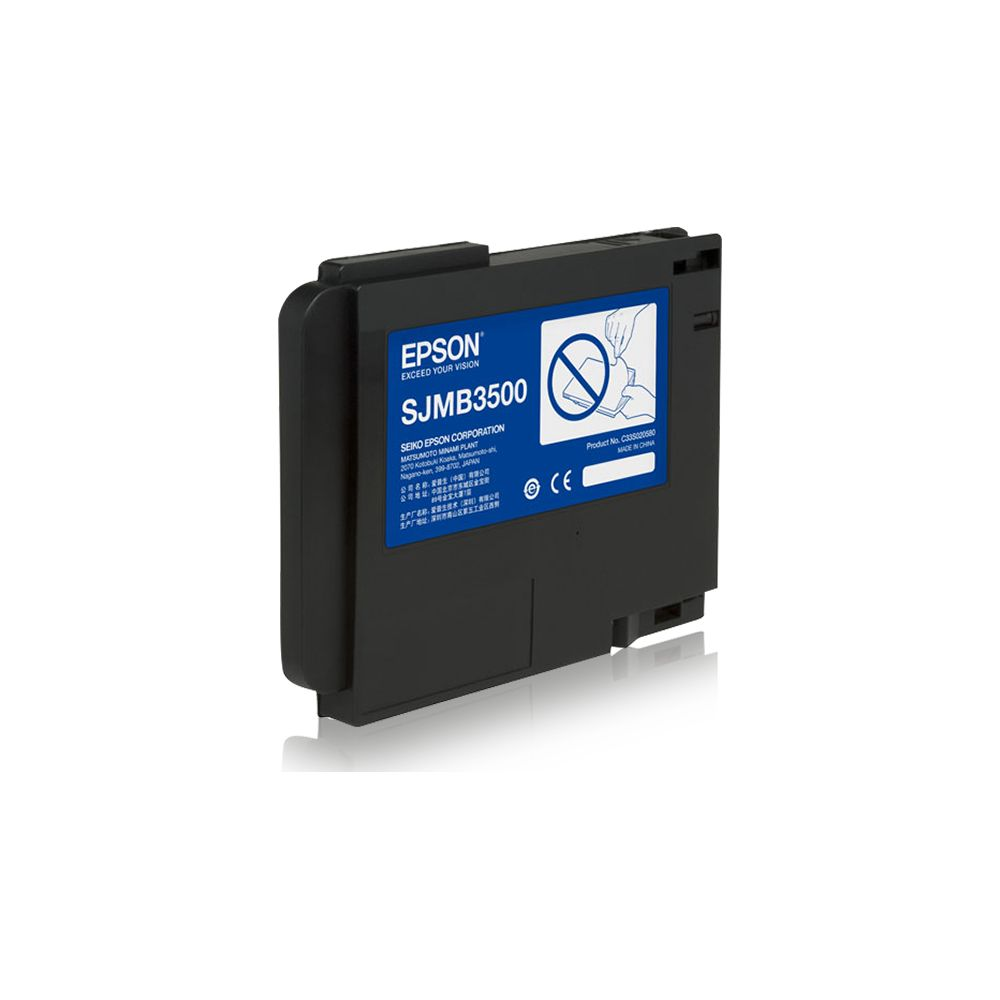 Cartuccia d'inchiostro EPSON SJMB3500 nera con etichetta blu e simbolo di avviso.