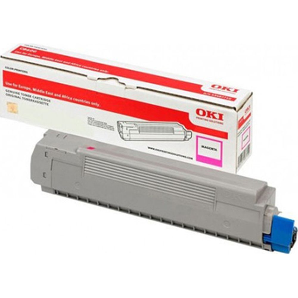 Szary toner OKI (magenta) z niebieską nakładką, obok pudełka.