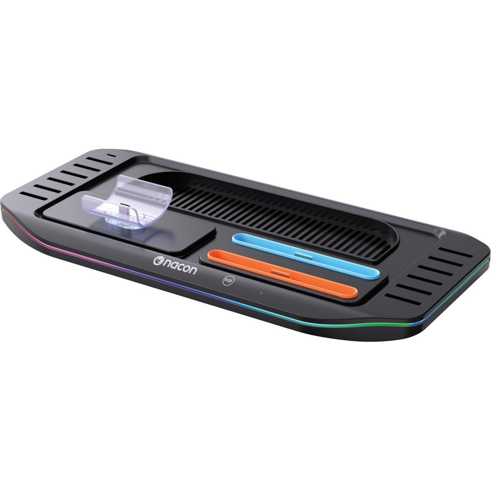 Supporto di ricarica nero con illuminazione RGB, due slot per controller e un supporto.