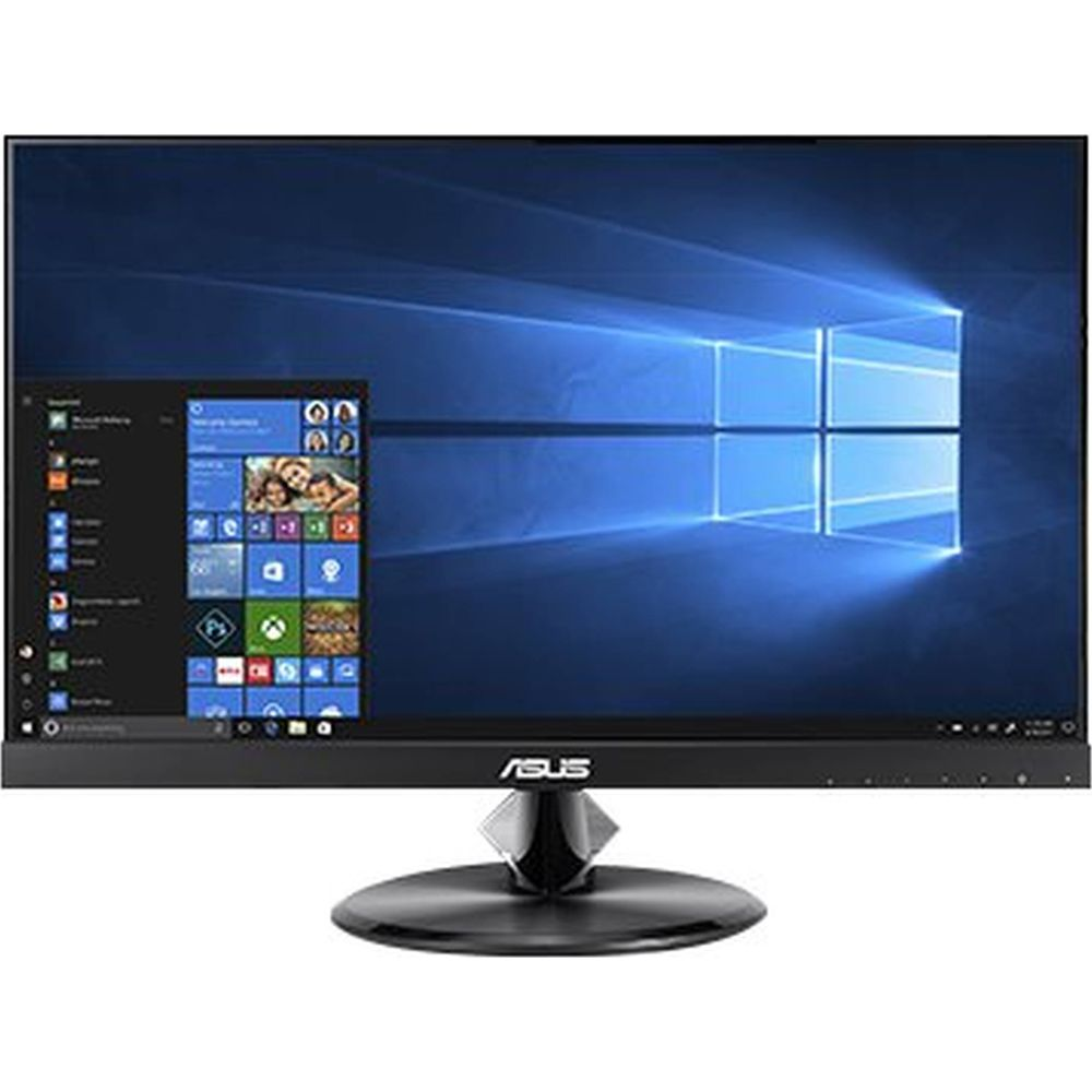 Czarny monitor ASUS wyświetla pulpit Windows z menu Start po lewej stronie.