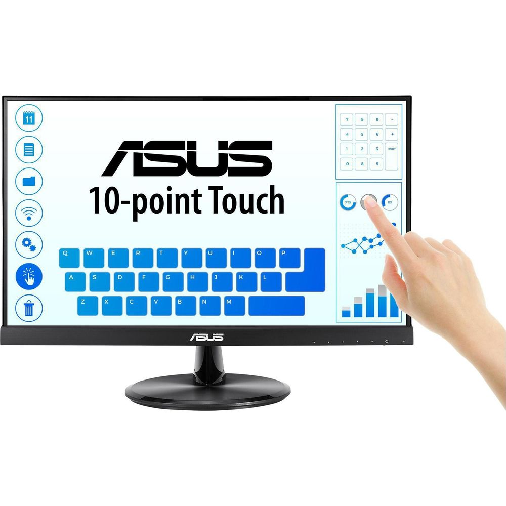 Monitor dotykowy ASUS 10-punktowy z klawiaturą ekranową i ręką dotykającą ekranu.