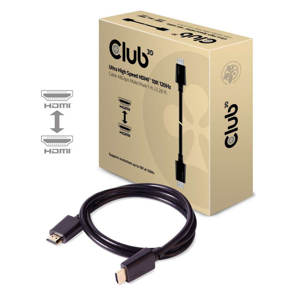 Ein schwarzes HDMI-Kabel mit Stecker, daneben eine Box mit HDMI-Symbolen.