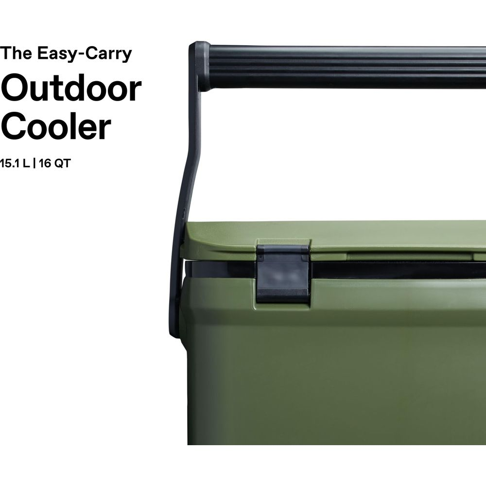 Borsa frigo verde da esterno con manico e chiusura neri.
