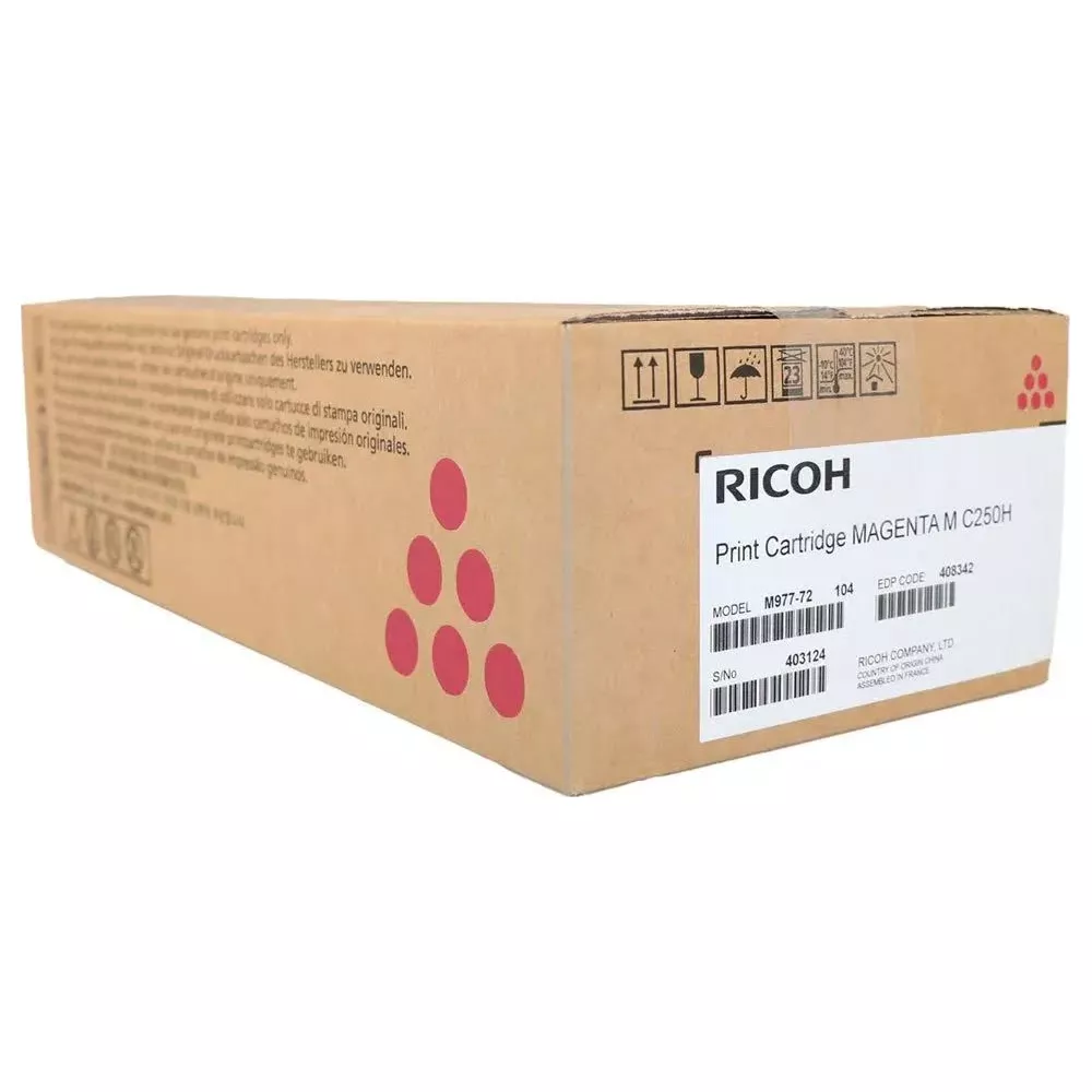 Toner Ricoh Magenta M C250H w kartonowym pudełku z symbolami.