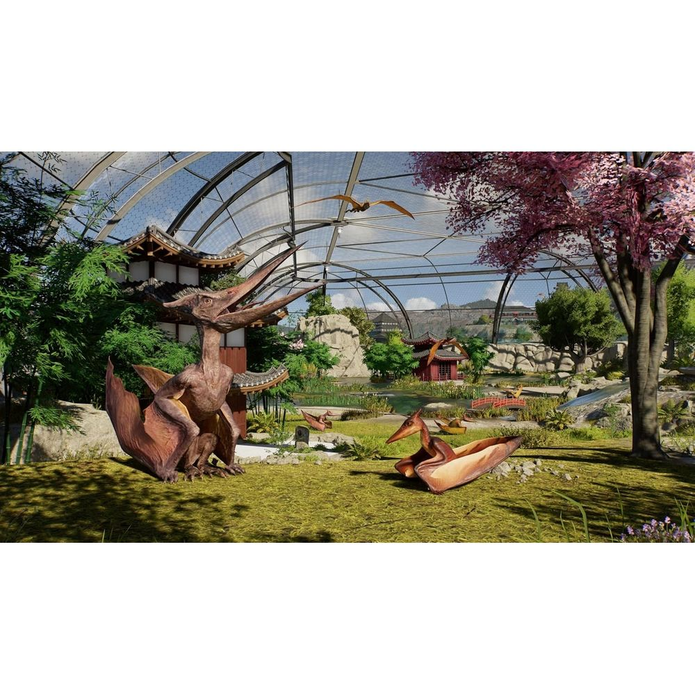 Trois ptérosaures dans une volière avec des bâtiments et des arbres japonais.