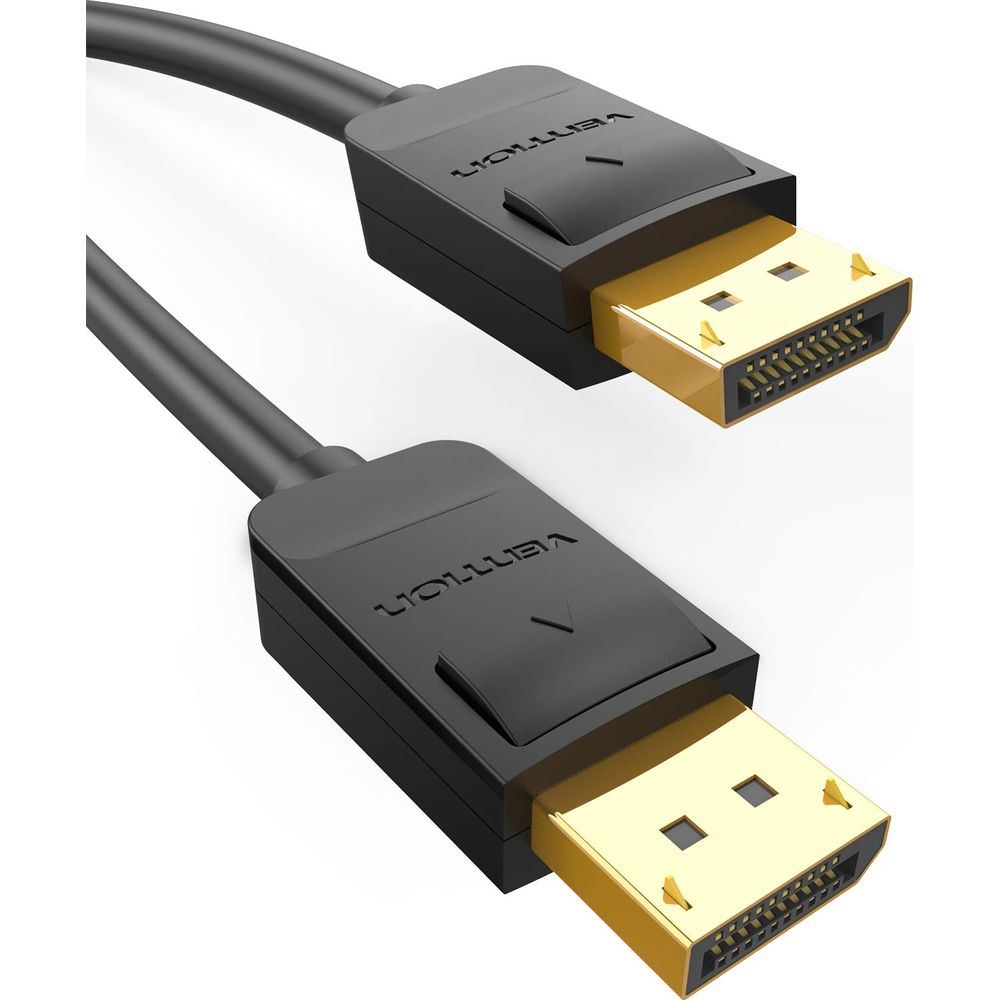 Dos cables DisplayPort negros con conectores dorados, fondo blanco.