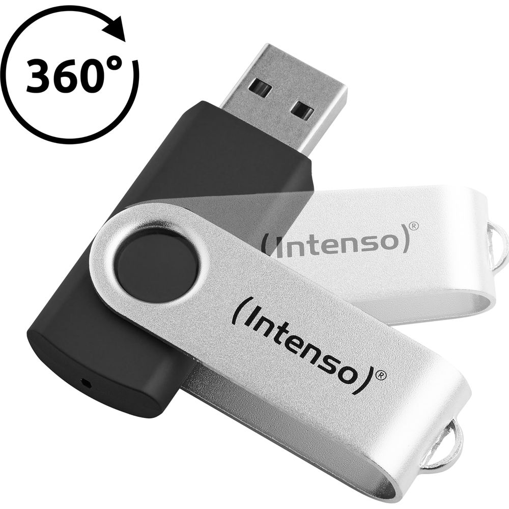 Zwei Intenso USB-Sticks, einer schwarz, einer silber, von schräg mit 360°-Symbol.