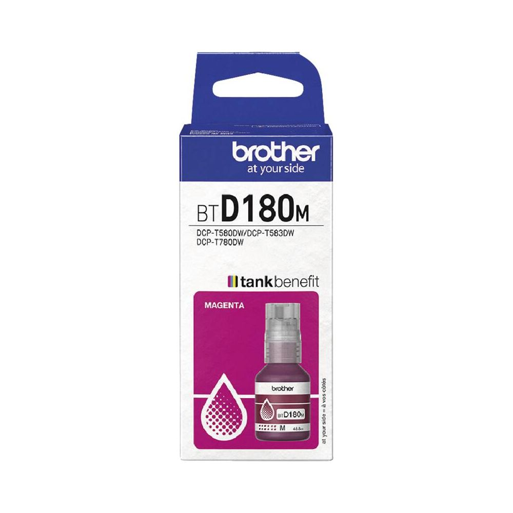 Opakowanie tuszu Brother, model BTD180M w kolorze magenta. Zawiera ilustrację butelki.