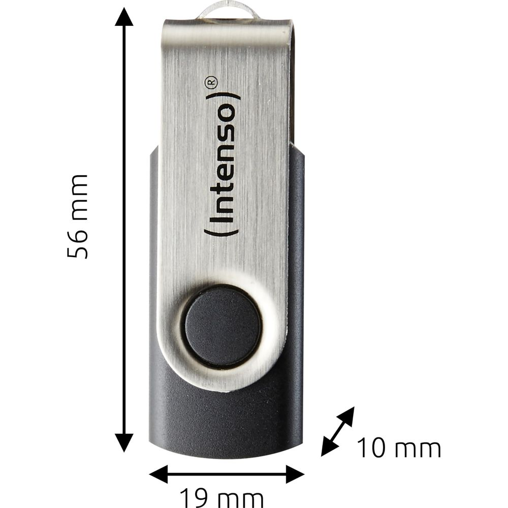 Una chiavetta USB argentata con impugnatura nera e logo (Intenso).