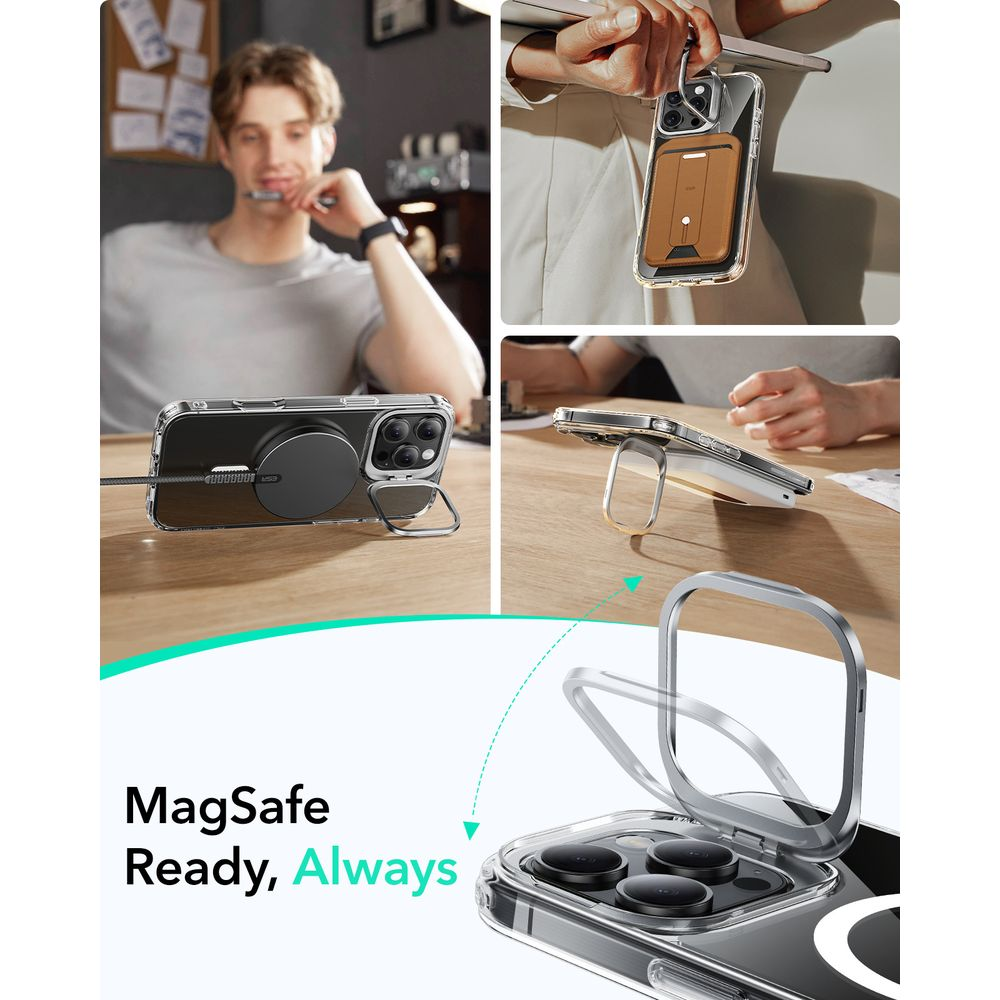 iPhone avec chargeur MagSafe, porte-cartes et support.
