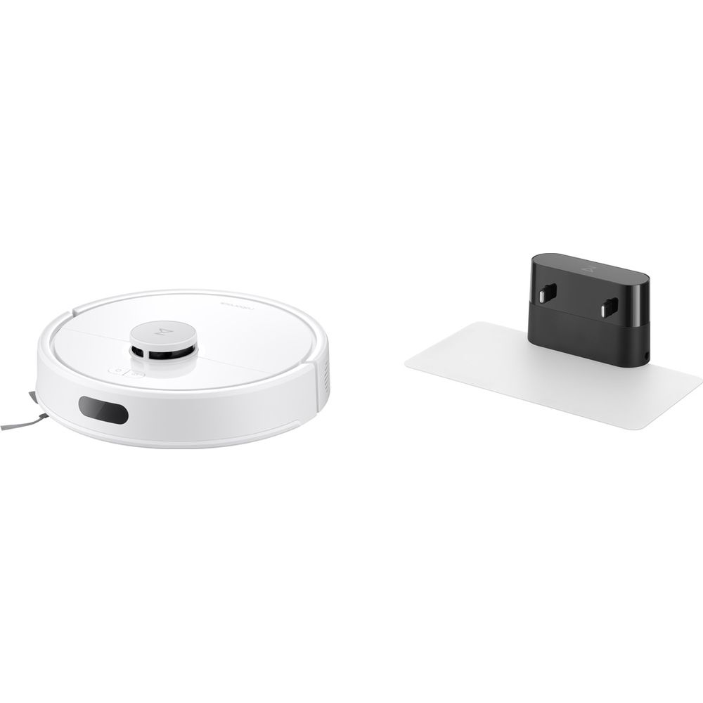 Un robot aspirateur blanc et une station de charge noire sur fond blanc.