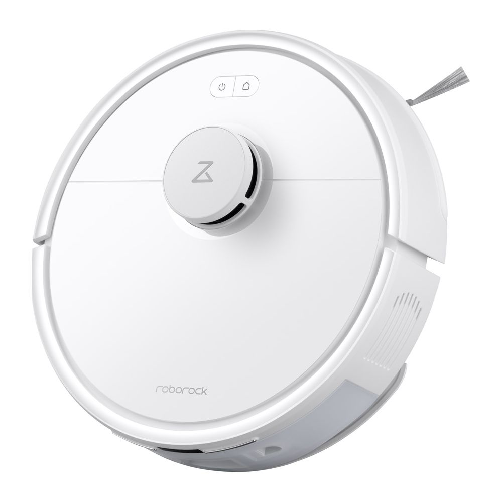 Un aspirateur robot blanc avec un logo "Z" et des voyants de charge sur fond blanc.