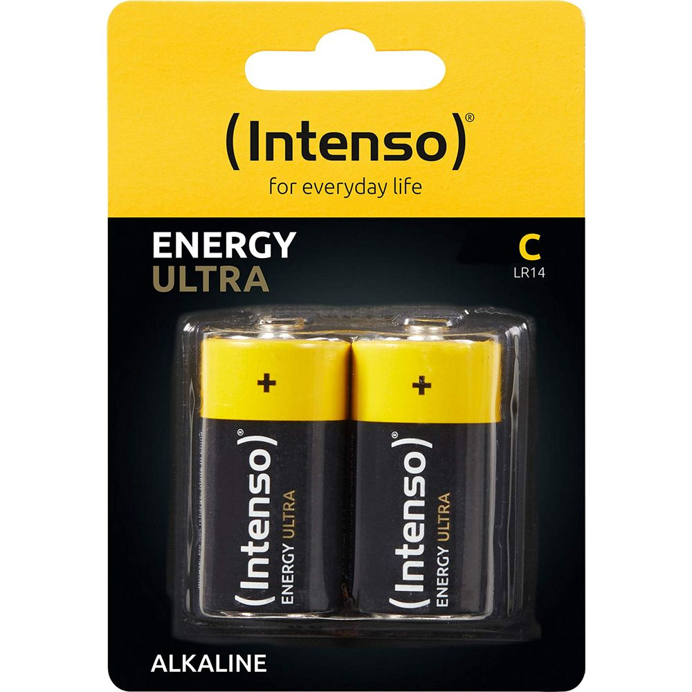 Dwie baterie alkaliczne Intenso Energy Ultra C LR14 w żółto-czarnym opakowaniu.