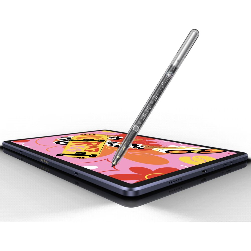 Ein transparenter Eingabestift auf einem Tablet mit buntem Hintergrund.