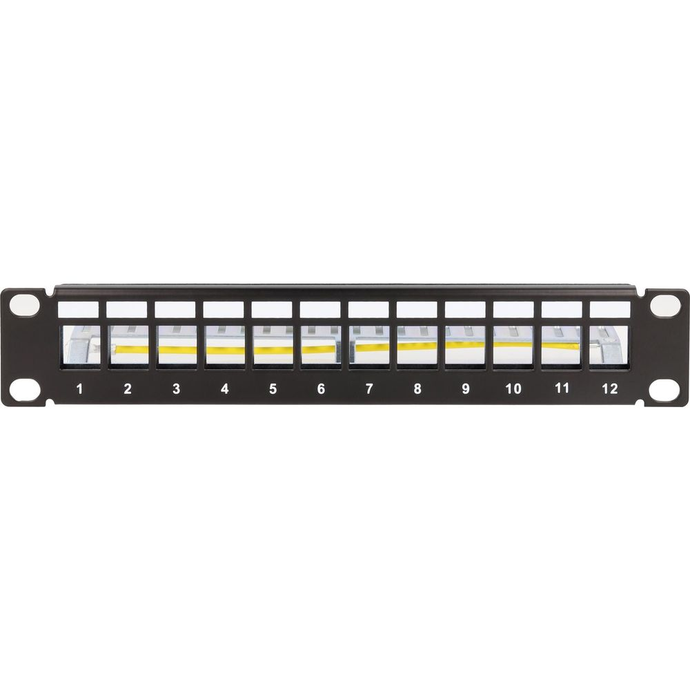 Ein 12-Port-Patchpanel mit gelben und weißen Anschlüssen, nummeriert 1-12.
