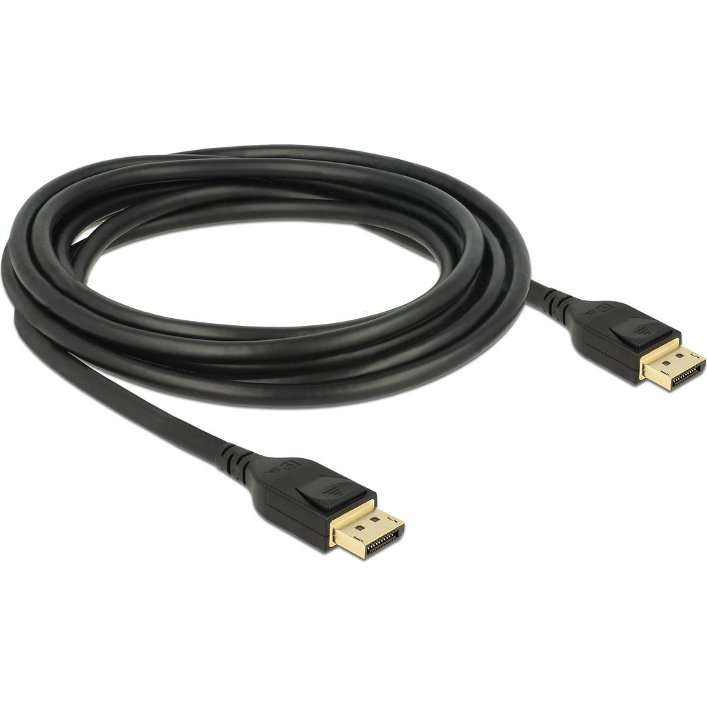 Schwarzes DisplayPort-Kabel mit vergoldeten Anschlüssen, auf weißem Hintergrund.