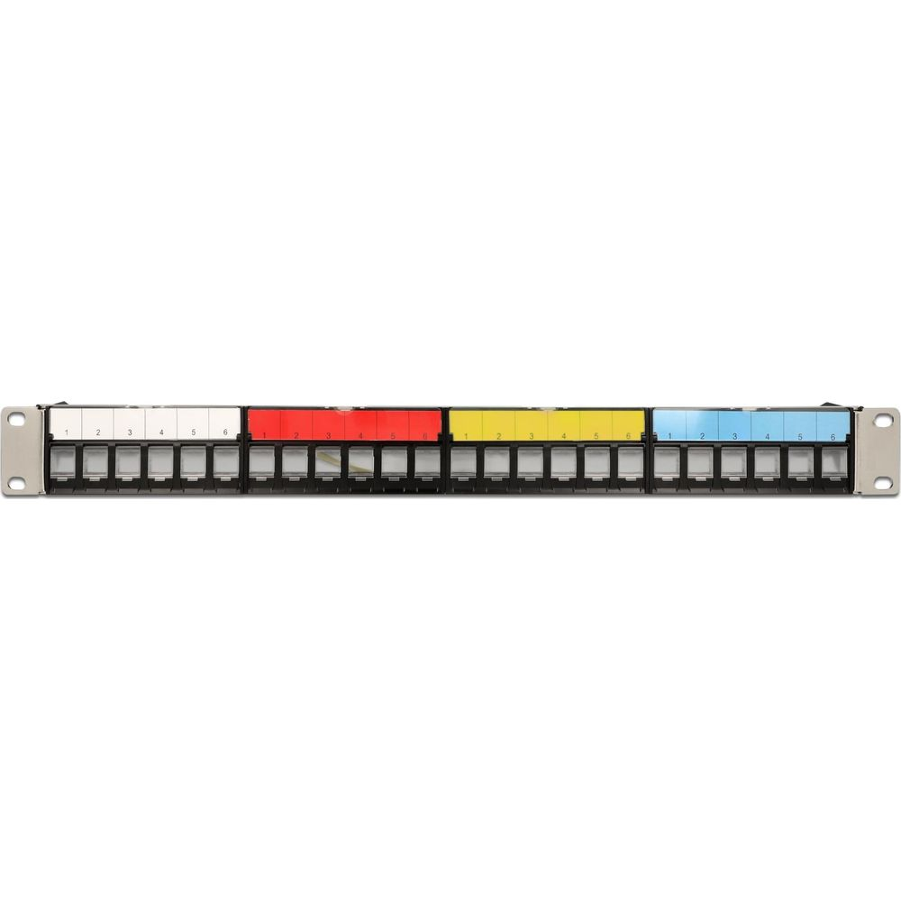 Panel krosowniczy z ponumerowanymi gniazdami w kolorach czerwonym, żółtym i niebieskim.