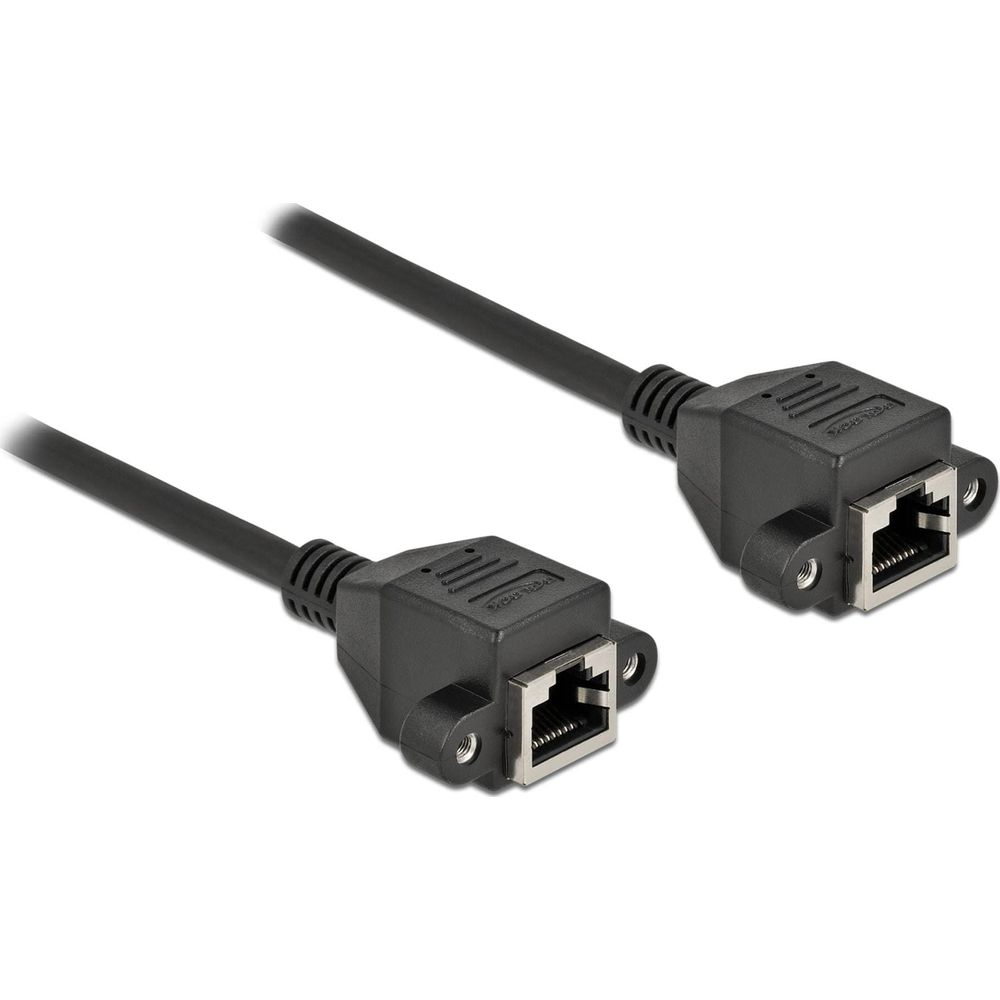 Due cavi Ethernet neri con connettori piatti, su sfondo bianco.