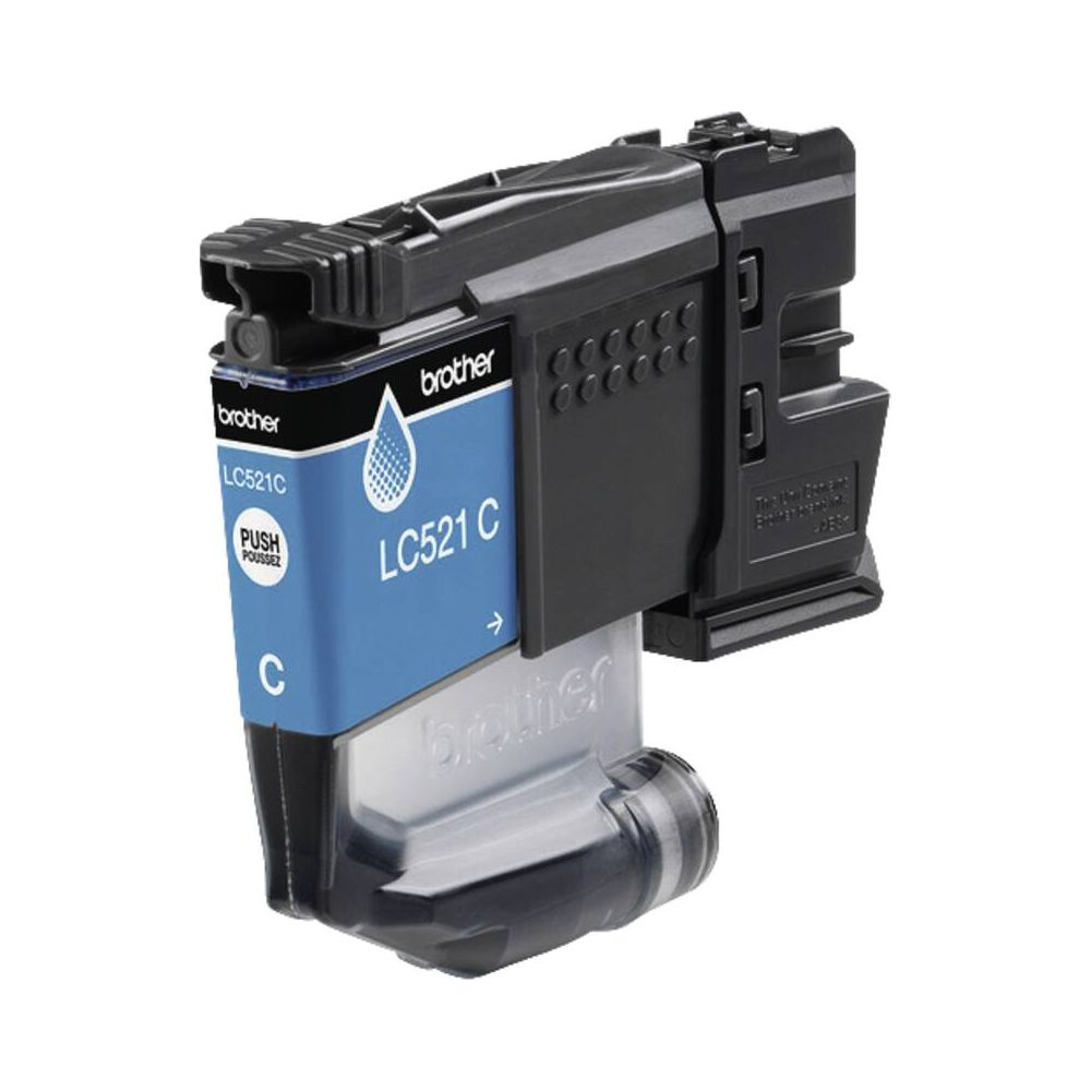Czarny wkład atramentowy do drukarki z niebieską etykietą, model LC521C.