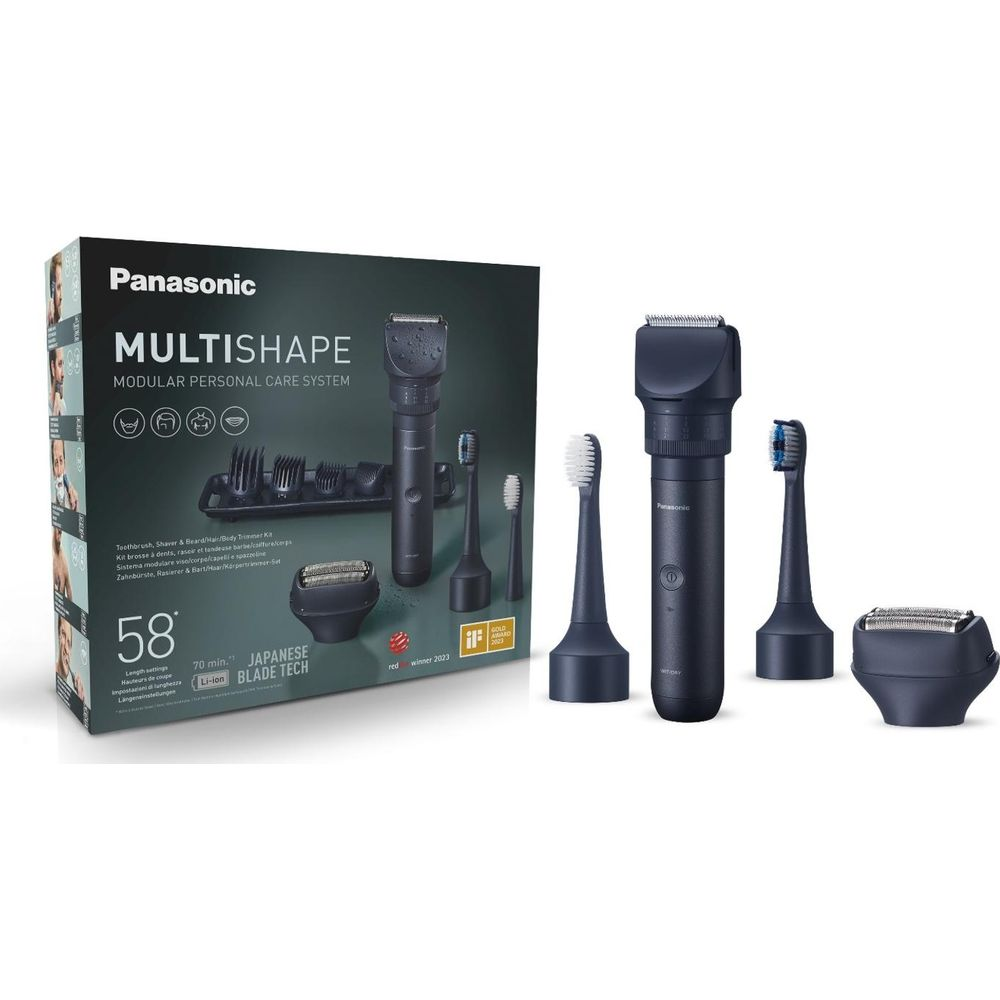 Set Panasonic Multishape con rifinitore, testine spazzolino e testina rasoio.