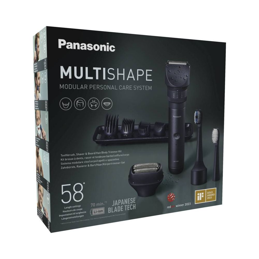 Set tagliacapelli Panasonic Multishape con accessori, spazzolini e unità lama.