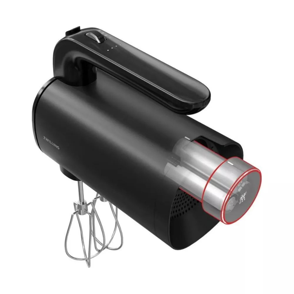 Ein schwarzer Handmixer mit silbernen Quirlen und transparentem Behälter.