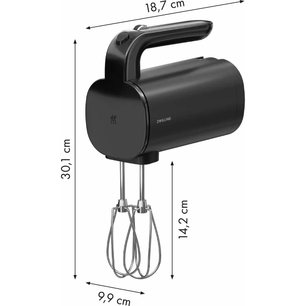 Schwarzer Handmixer von Zwilling mit silbernen Quirlen. Maße sind angegeben.