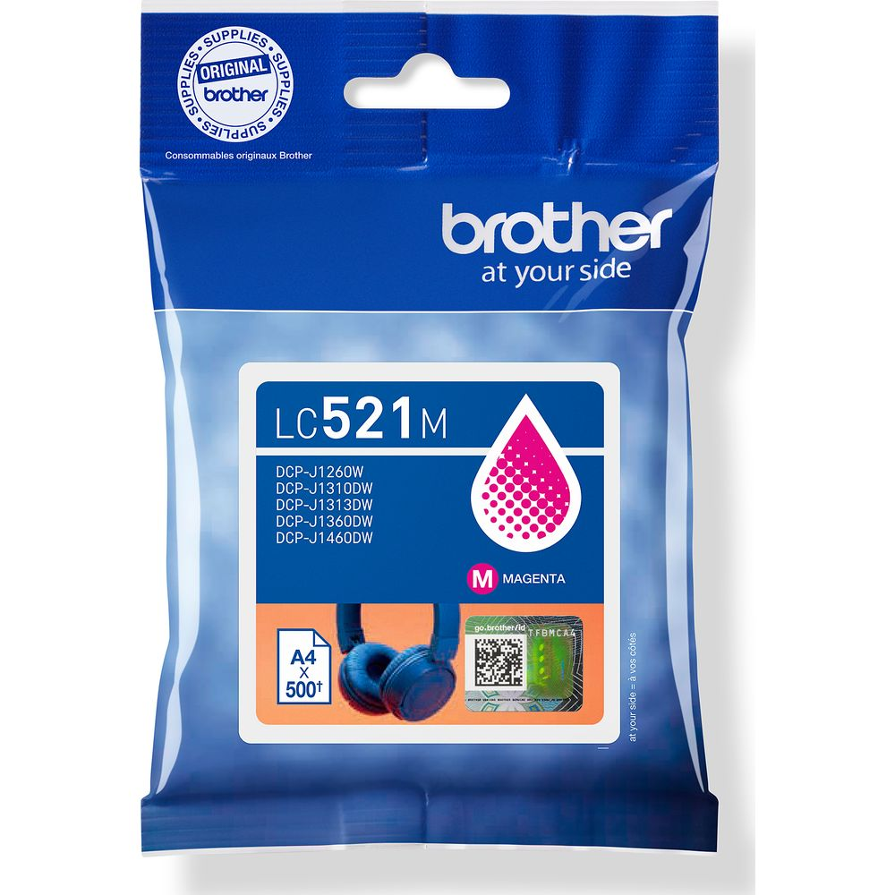 Tusz Brother LC521M Magenta z kompatybilnością drukarki i słuchawkami.