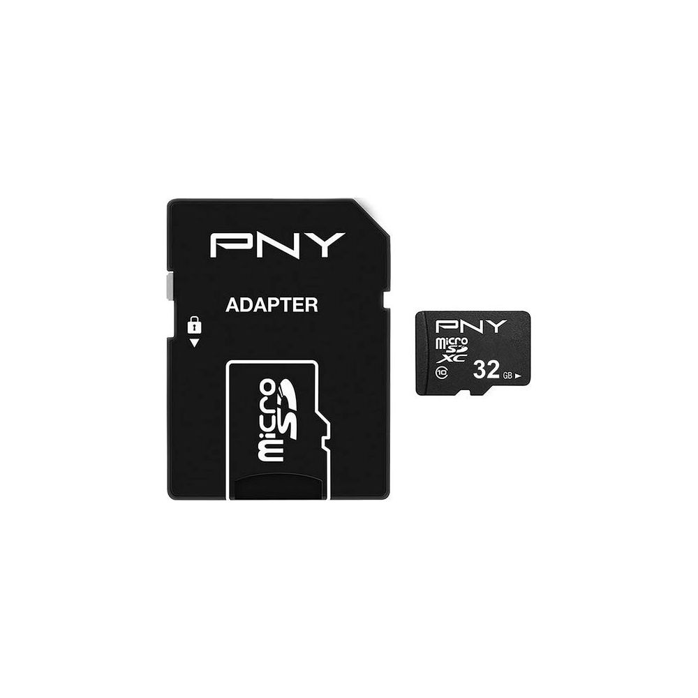 Adapter PNY i karta microSD 32GB na białym tle.