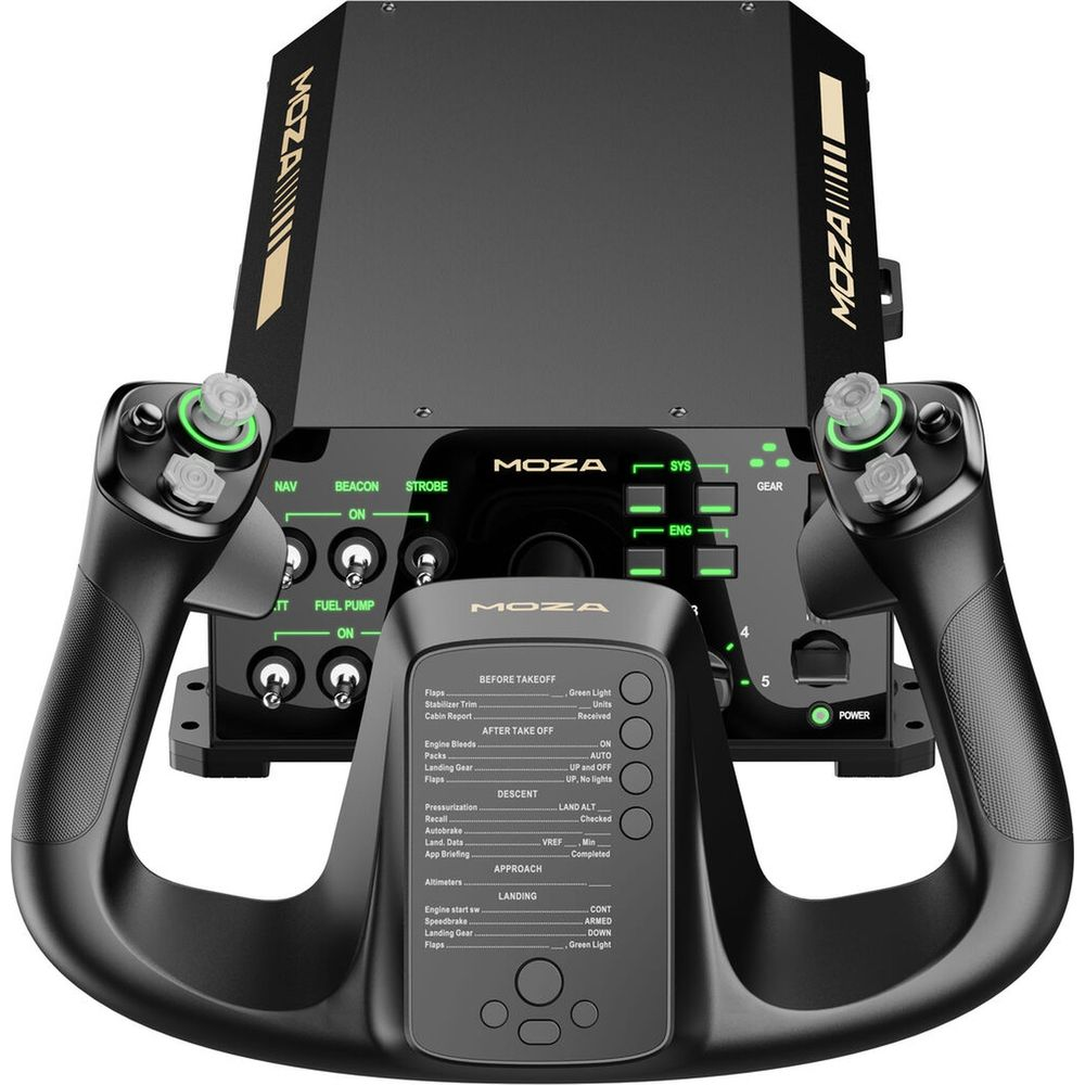 Un joystick nero per simulatore di volo con pulsanti e interruttori.