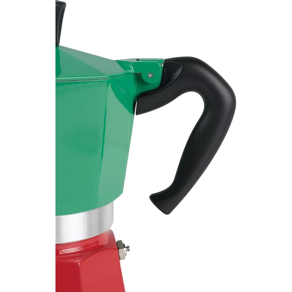 Zielona kawiarka z czarnym uchwytem i czerwoną podstawą.