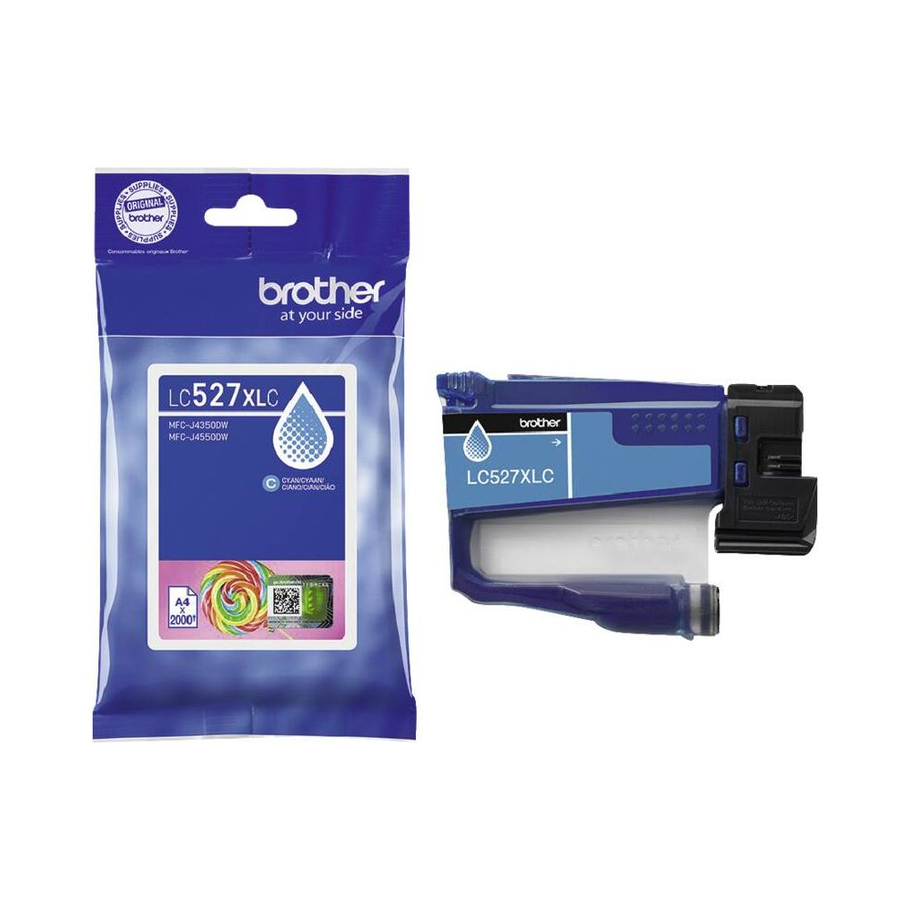 Niebieskie opakowanie wkładu atramentowego Brother LC527XLC i osobna kaseta.