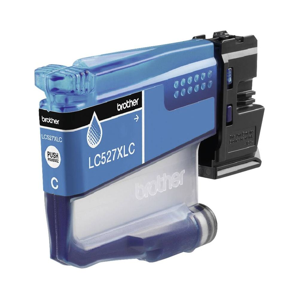 Niebieski tusz Brother LC527XLC z czarnym złączem. Widok z przodu.