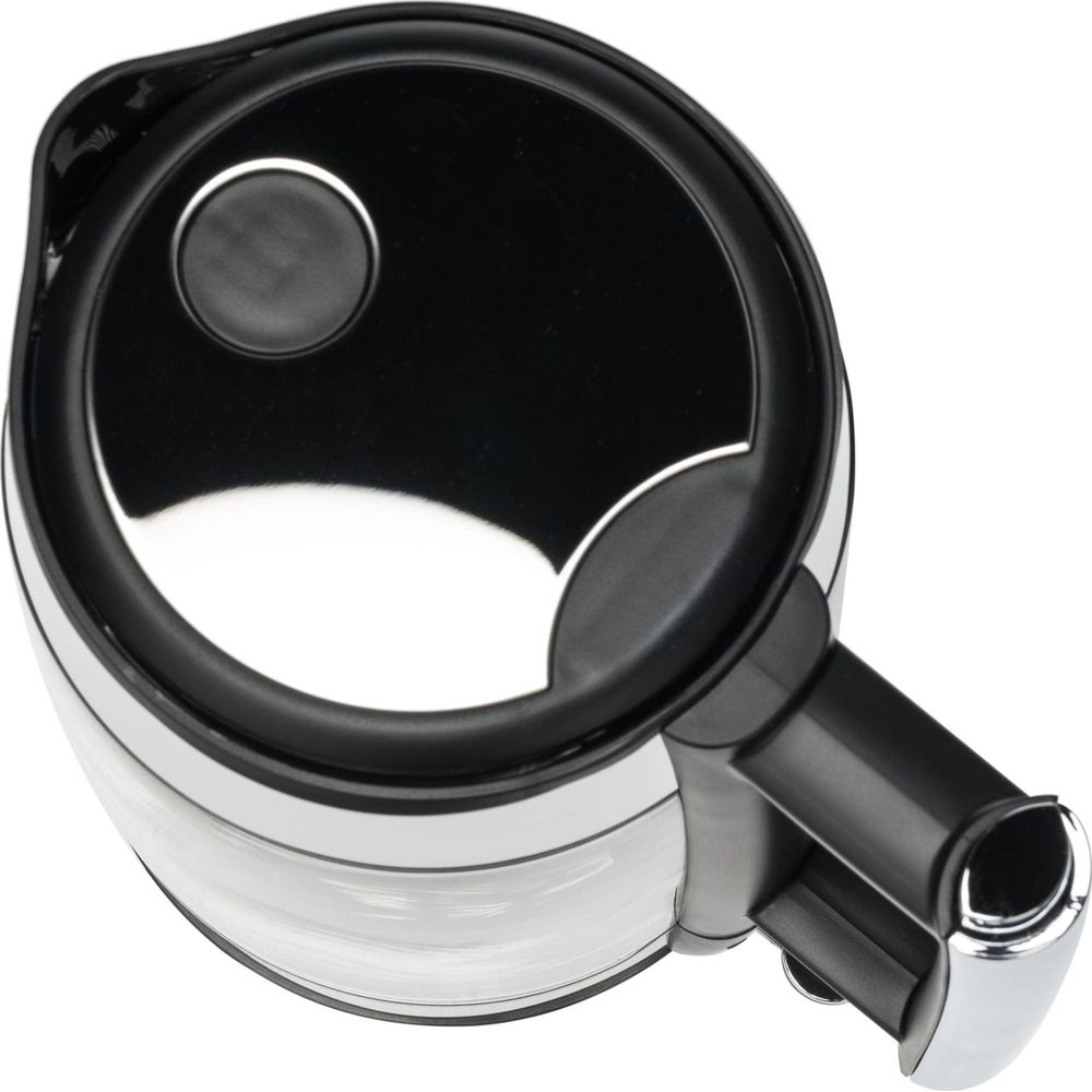 Eine Glaskessel mit schwarzem Deckel und Griff.