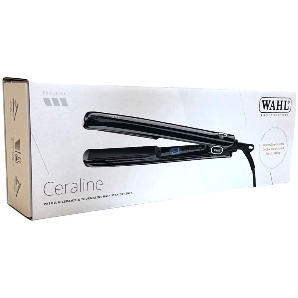 Verpackung eines schwarzen WAHL Haarglätters mit Ceraline-Aufdruck.