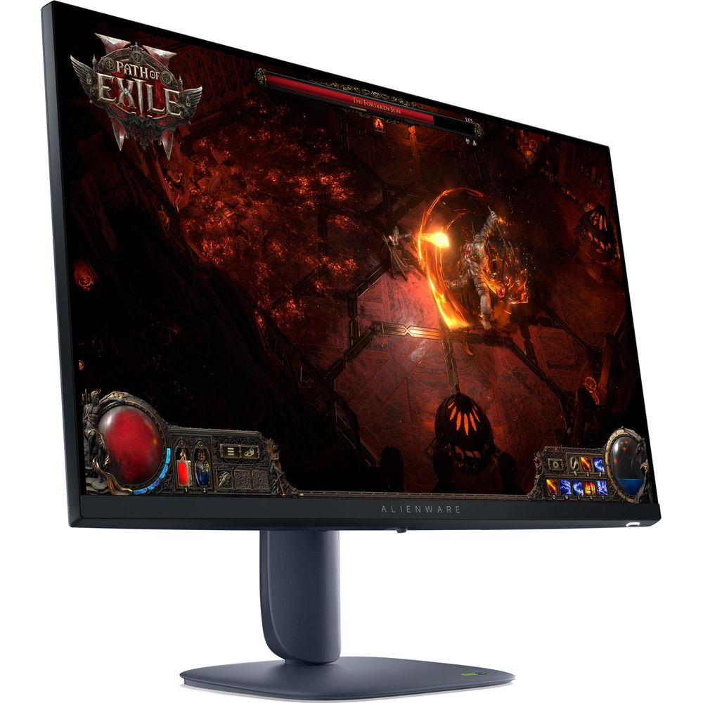 Monitor Alienware wyświetla grę "Path of Exile" z ognistymi efektami i postaciami.
