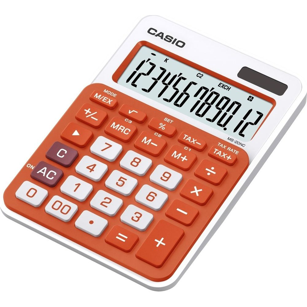 Ein weißer und oranger Casio MS-20NC Taschenrechner mit großem Display, das 1234567890.12 anzeigt.