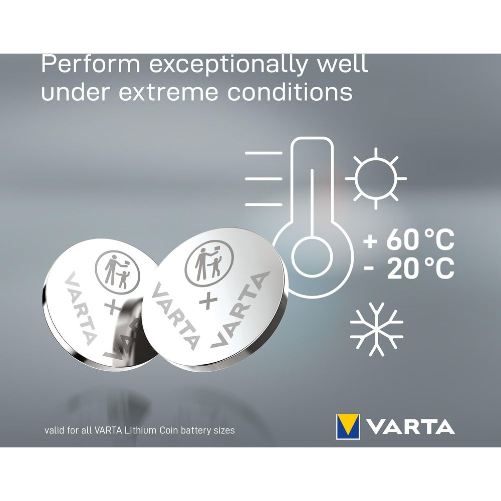 Zwei Varta Knopfzellen mit Thermometer-Symbol, das +60°C und -20°C anzeigt.