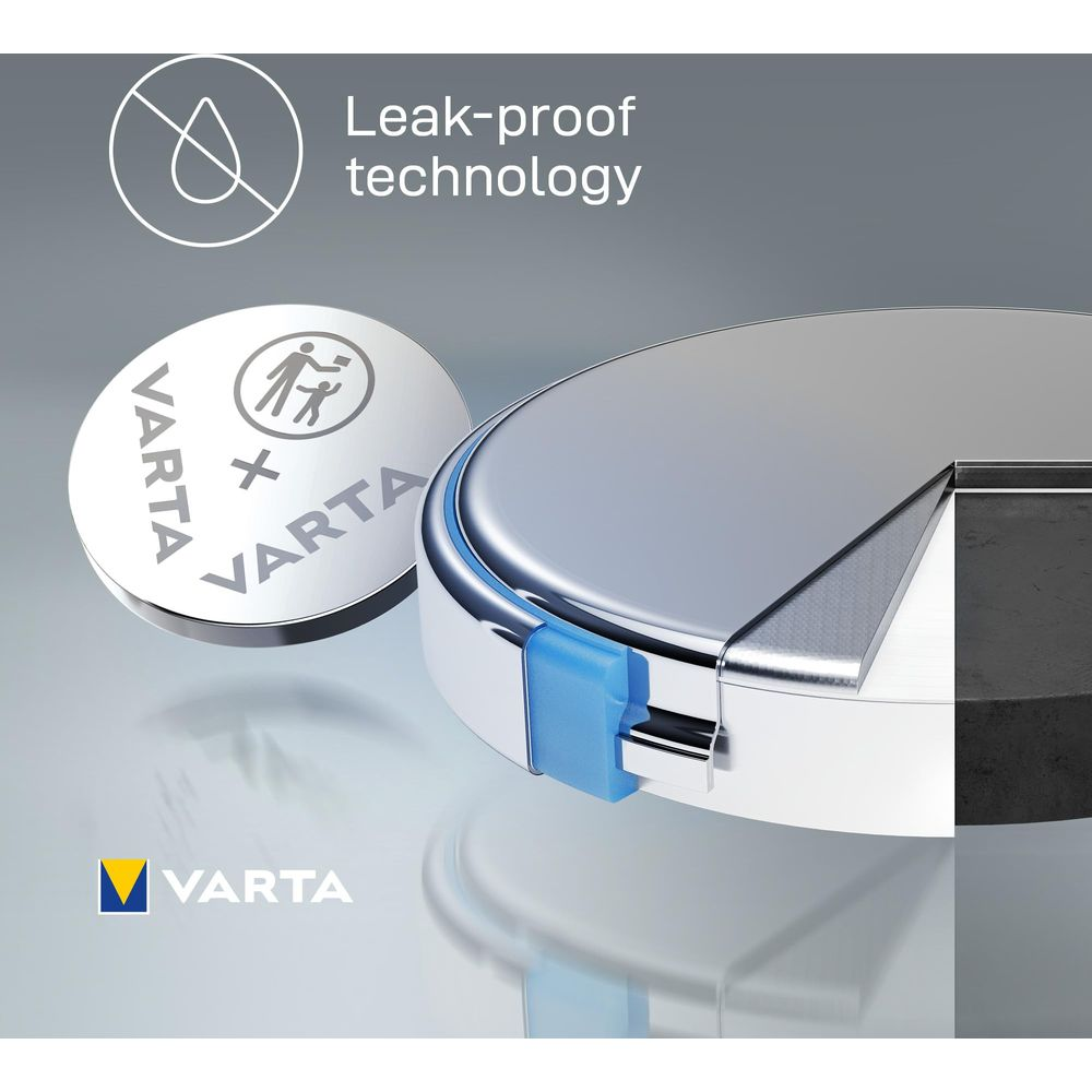 Varta Knopfzelle mit Schnittansicht, die die lecksichere Technologie zeigt.