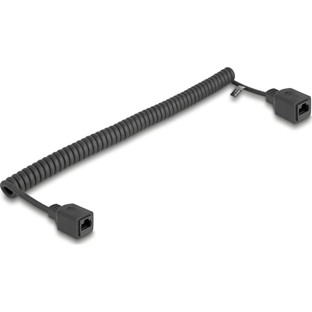 Cavo Ethernet nero a spirale con due connettori RJ45 su ciascuna estremità.