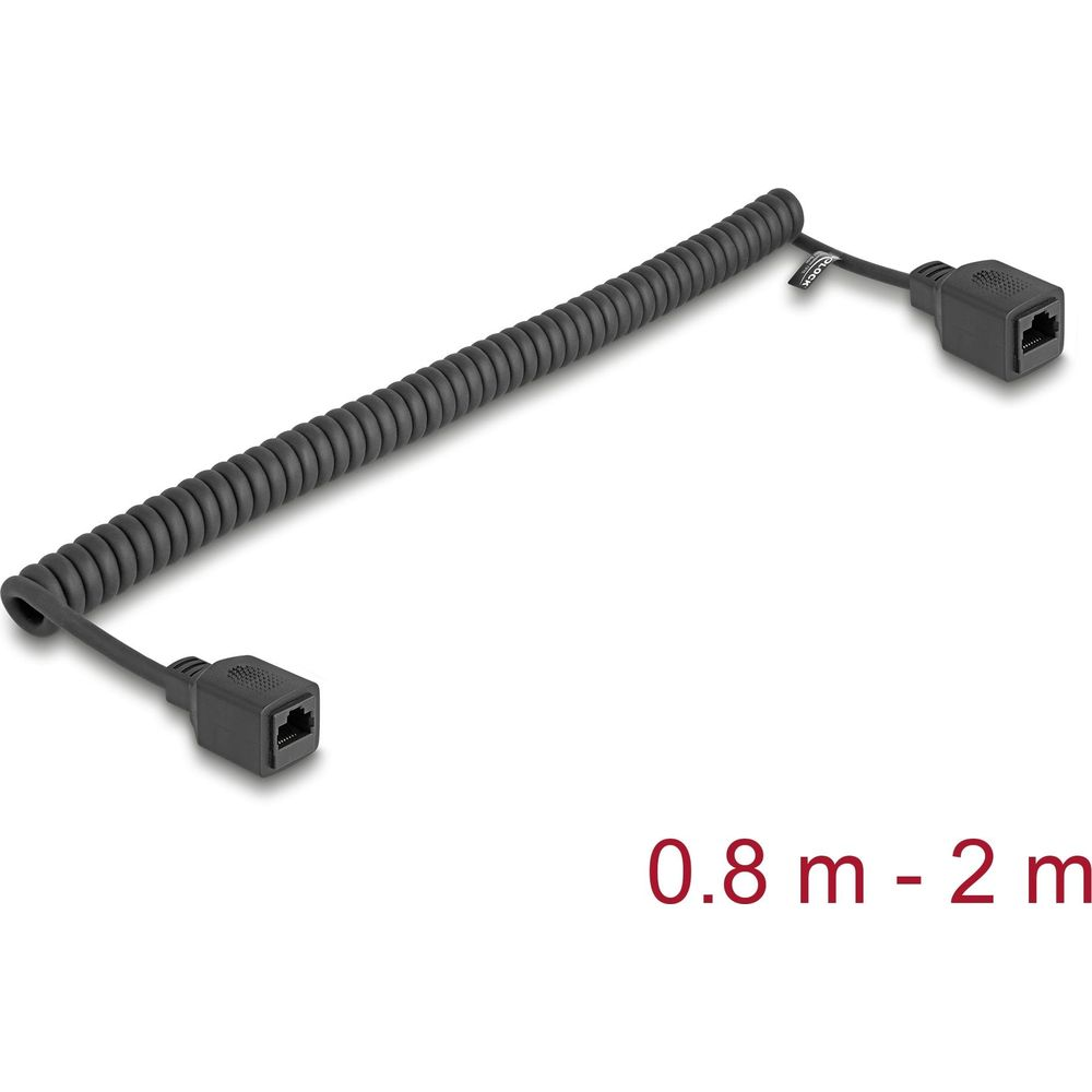Cavo nero a spirale con due connettori RJ45, lunghezza indicata 0,8-2m.