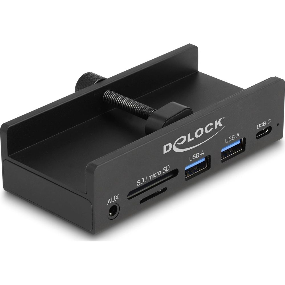 Adattatore DELOCK nero con porte USB-A, USB-C, SD/micro SD e AUX.
