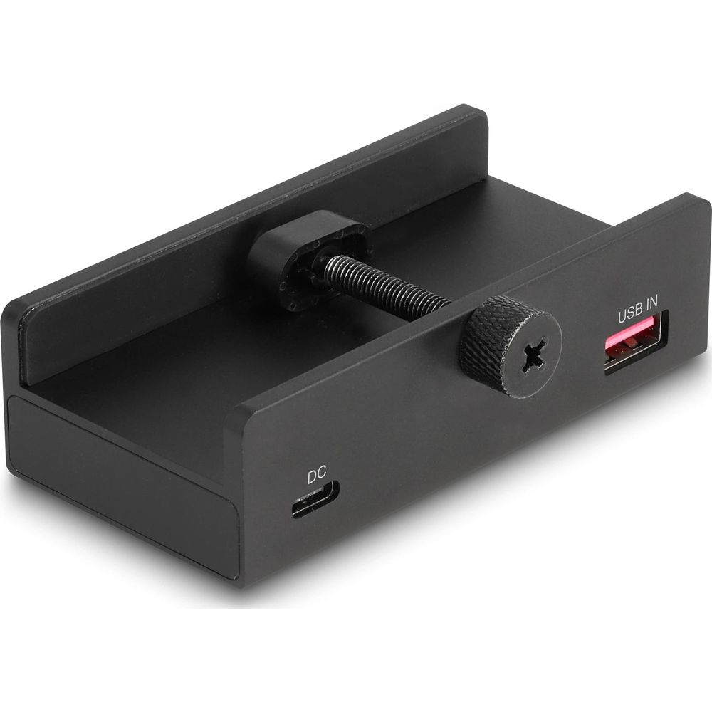 Supporto nero con vite, porte DC e USB IN.