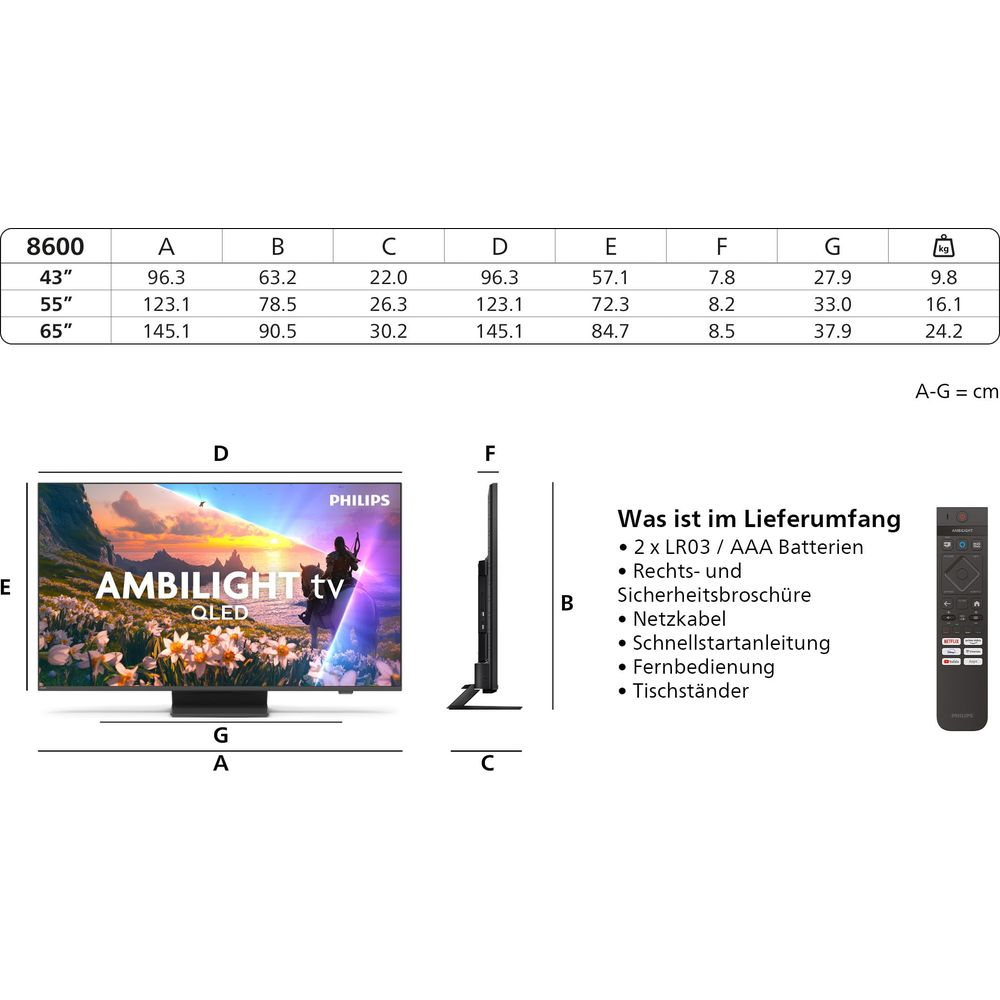 Telewizor Philips Ambilight QLED z wymiarami i akcesoriami na białym tle.