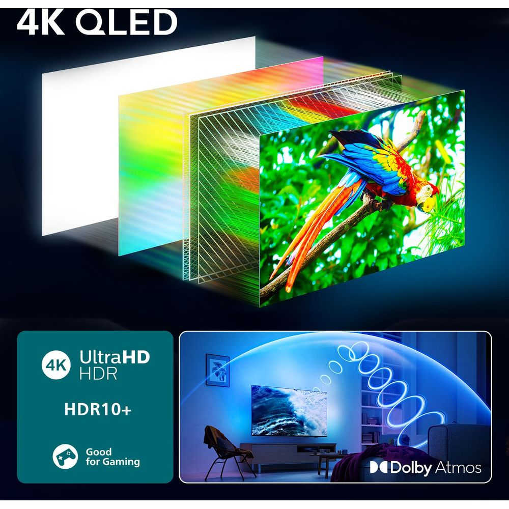 Warstwy TV 4K QLED z papugą, potem salon z Dolby Atmos.