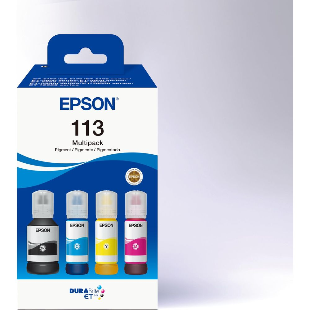 Epson 113 multipack butelki z tuszem: czarny, cyjan, żółty i magenta.