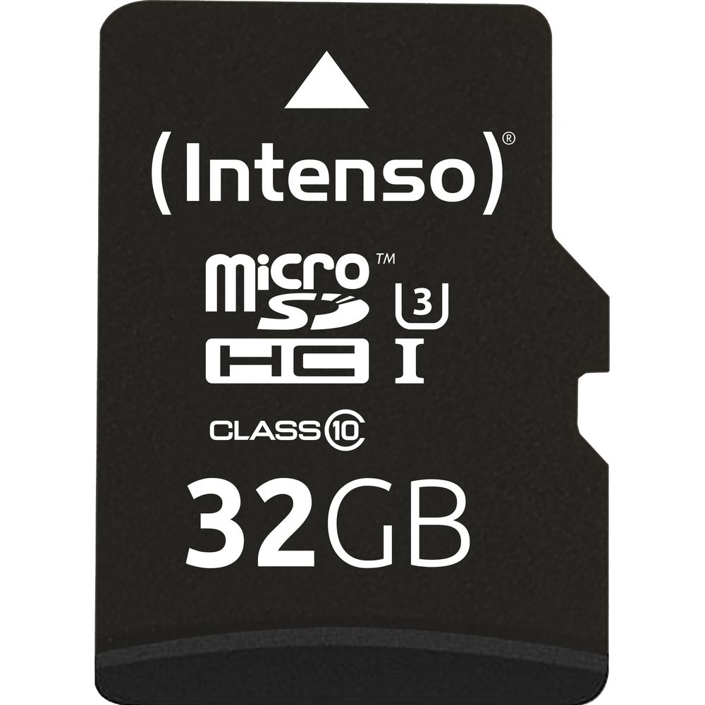 Schwarze MicroSDHC-Karte mit 32GB, Class 10, Intenso-Logo.
