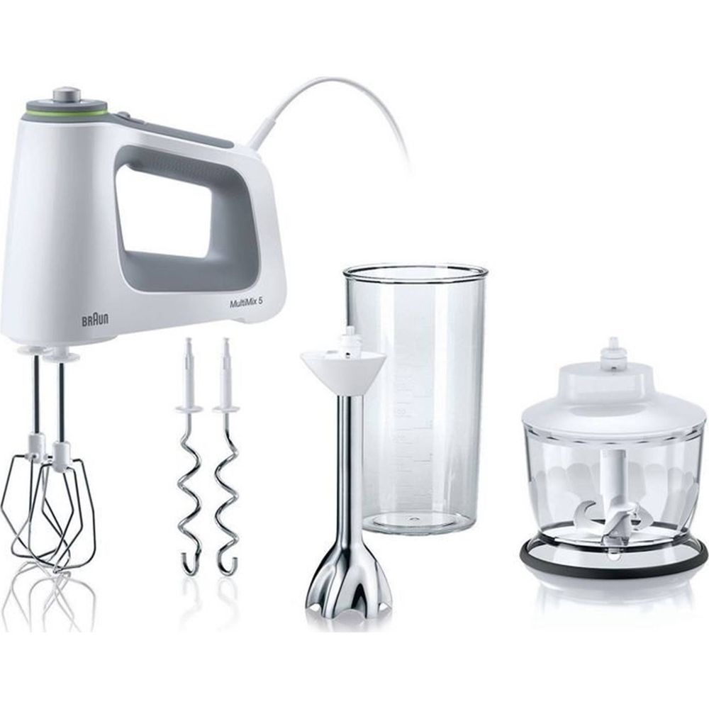 Biały mikser ręczny z trzepaczkami, trzepaczką, stopką, szklanką i rozdrabniaczem.