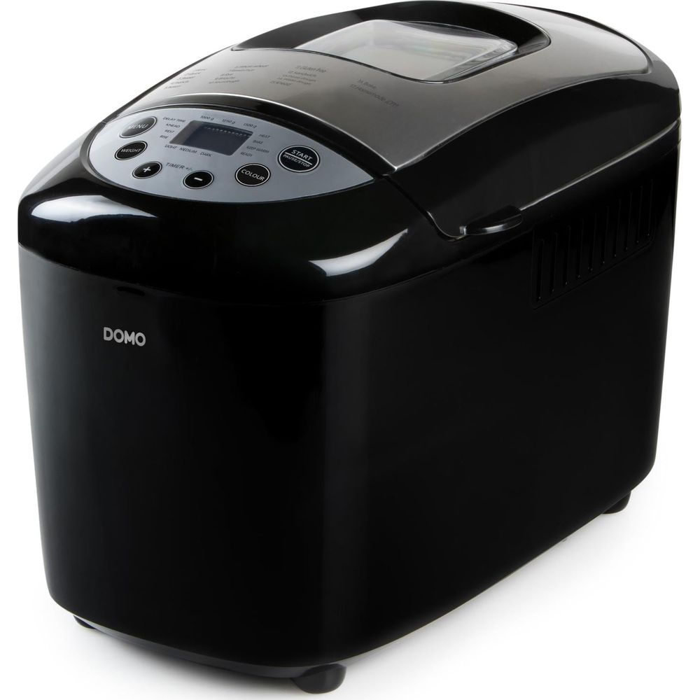 Schwarzer DOMO Brotbackautomat mit digitaler Anzeige und Bedienelementen.