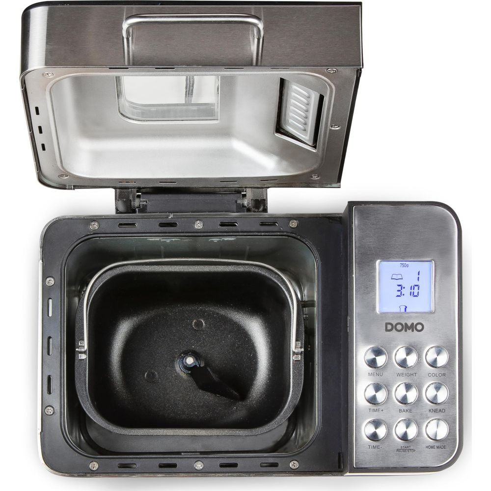 Edles Domo Brotbackautomat mit silbernem Deckel und Bedienfeld.